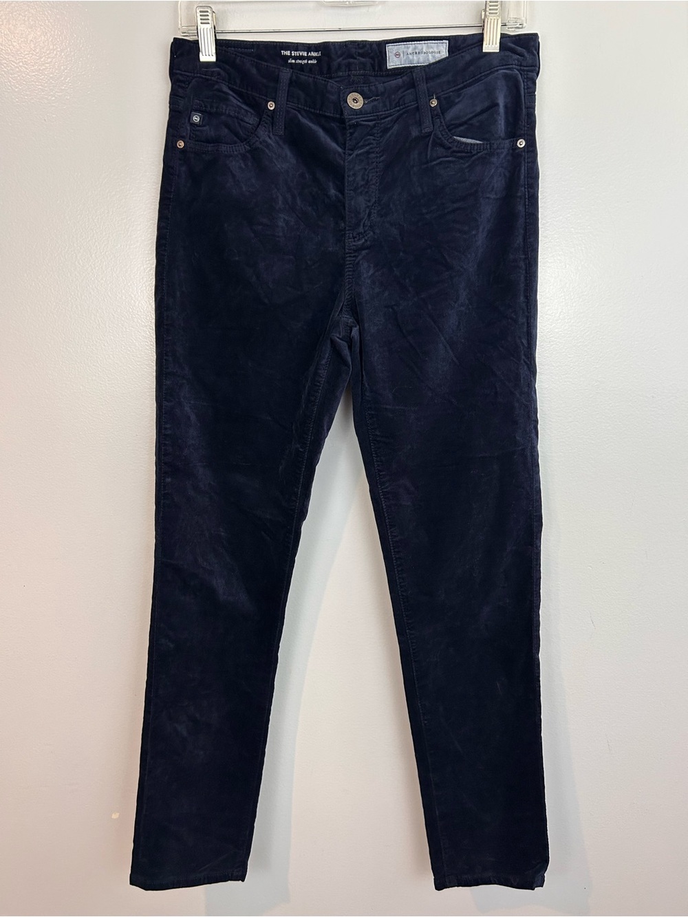 AG Anthropolgie Stevie Dark Blue Velvet Slim Straight Ankle Pants Size 28